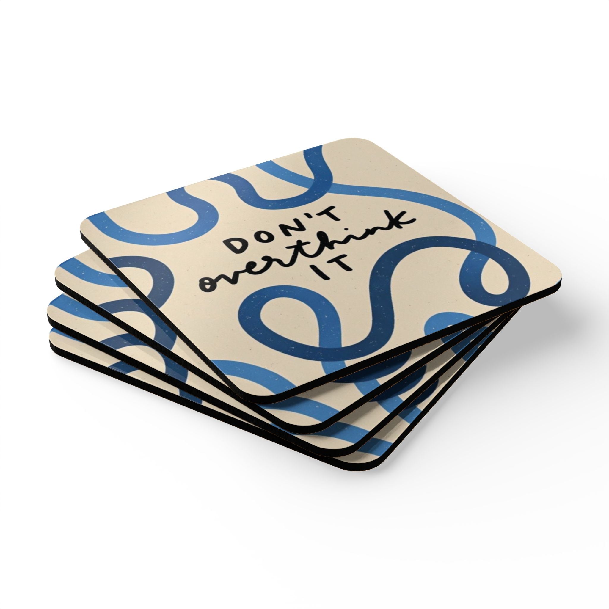 Cork Coaster Set — "Don't Overthink It" Blue Swirl Inspirational Drink Coasters