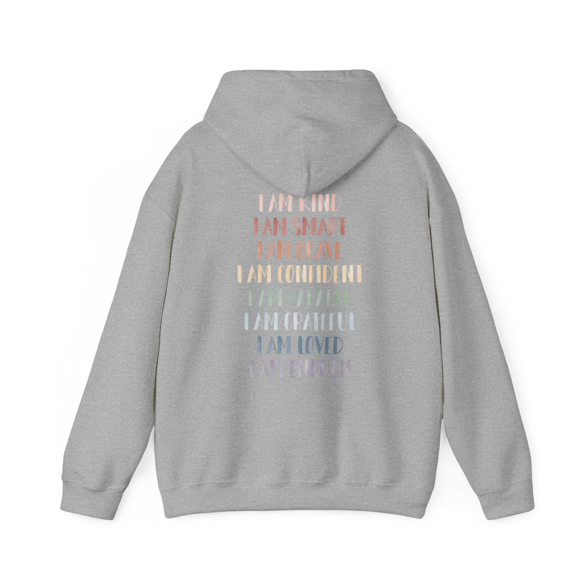 Affirmation Rainbow Hearts Hoodie — I Am Enough Inspirational Sweatshirt